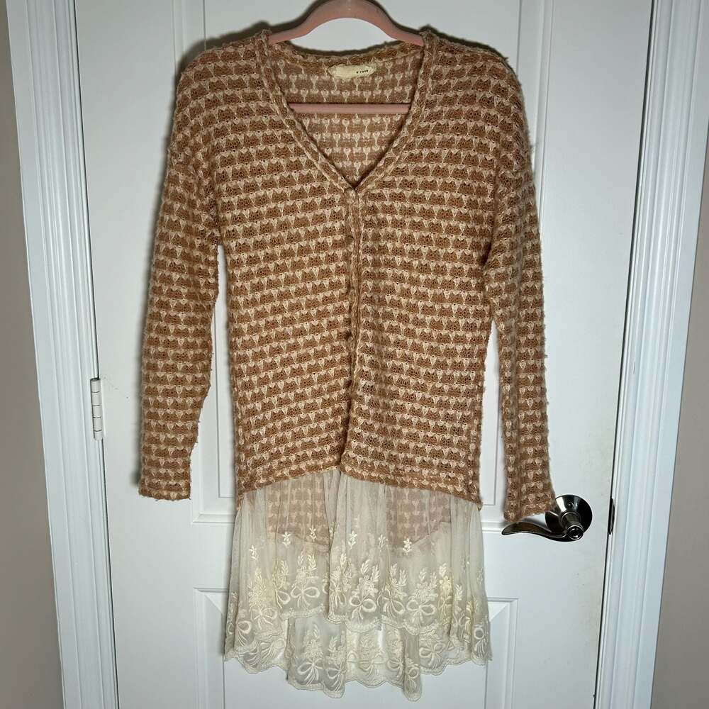 A'Reve Brown Knit Cardigan with Cream Lace Hem